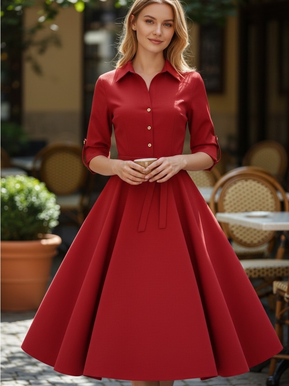 Sharagano Crimson Shirtwaist Fit-and-Flare Midi Dress